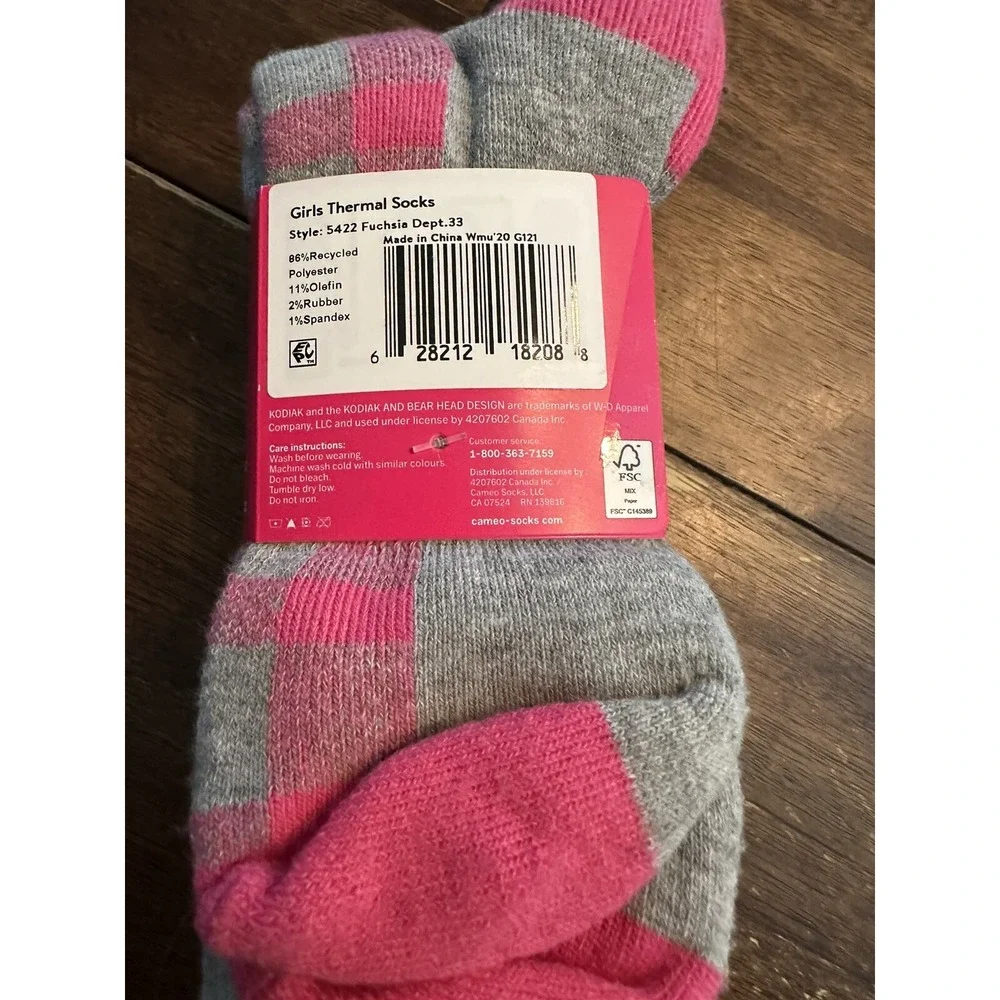 Kodiak Girls Thermal Socks Large 4 10 2‎ Pairs Pink Gray Plaid New